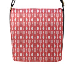 Coral And White Kitchen Utensils Pattern Flap Closure Messenger Bag (l) by GardenOfOphir