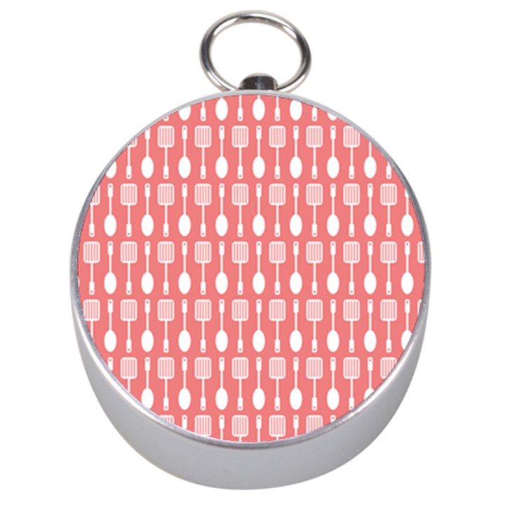 Coral And White Kitchen Utensils Pattern Silver Compasses