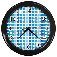 Blue Green Leaf Pattern Wall Clock (black) by GardenOfOphir