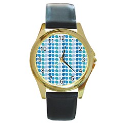 Blue Green Leaf Pattern Round Gold Metal Watch by GardenOfOphir