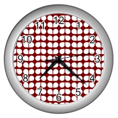 Red And White Leaf Pattern Wall Clock (silver) by GardenOfOphir