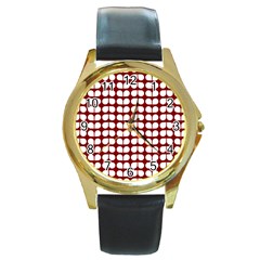 Red And White Leaf Pattern Round Gold Metal Watch by GardenOfOphir