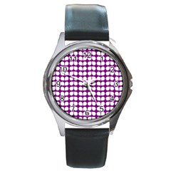 Purple And White Leaf Pattern Round Metal Watch by GardenOfOphir