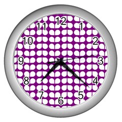 Purple And White Leaf Pattern Wall Clock (silver) by GardenOfOphir