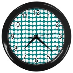 Teal And White Leaf Pattern Wall Clock (black) by GardenOfOphir