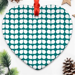 Teal And White Leaf Pattern Heart Ornament (two Sides) by GardenOfOphir