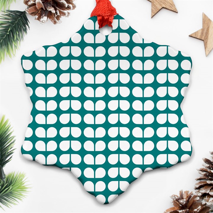 Teal And White Leaf Pattern Snowflake Ornament (Two Sides)