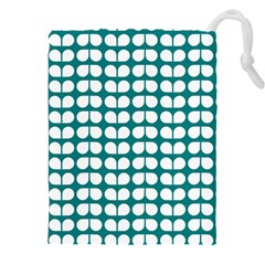 Teal And White Leaf Pattern Drawstring Pouch (5xl) by GardenOfOphir