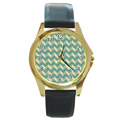 Modern Retro Chevron Patchwork Pattern Round Gold Metal Watch by GardenOfOphir