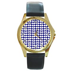 Blue And White Leaf Pattern Round Gold Metal Watch