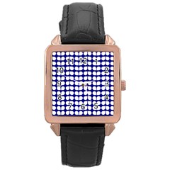 Blue And White Leaf Pattern Rose Gold Leather Watch  by GardenOfOphir