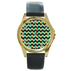 Modern Retro Chevron Patchwork Pattern Round Gold Metal Watch by GardenOfOphir