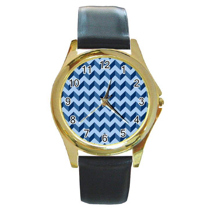 Modern Retro Chevron Patchwork Pattern Round Gold Metal Watch