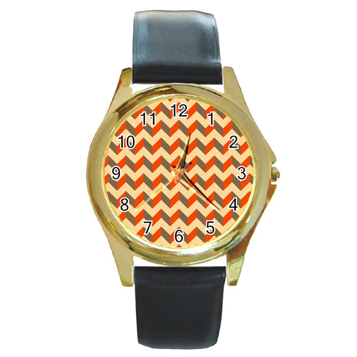 Modern Retro Chevron Patchwork Pattern Round Gold Metal Watch