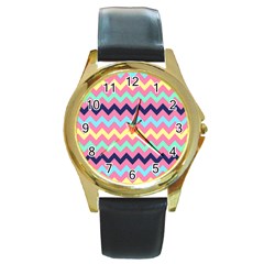 Chevron Pattern Gifts Round Gold Metal Watch by GardenOfOphir