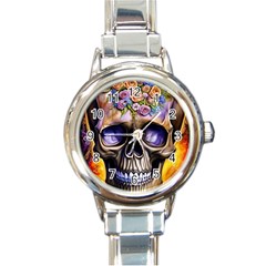 Skull With Flowers - Day Of The Dead Round Italian Charm Watch by GardenOfOphir