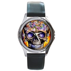 Skull With Flowers - Day Of The Dead Round Metal Watch by GardenOfOphir