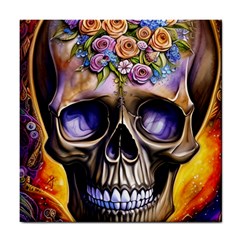 Skull With Flowers - Day Of The Dead Tile Coaster by GardenOfOphir