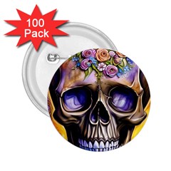 Skull With Flowers - Day Of The Dead 2 25  Buttons (100 Pack)  by GardenOfOphir