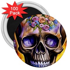 Skull With Flowers - Day Of The Dead 3  Magnets (100 Pack) by GardenOfOphir