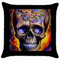 Skull With Flowers - Day Of The Dead Throw Pillow Case (black) by GardenOfOphir