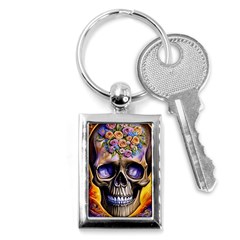 Skull With Flowers - Day Of The Dead Key Chain (rectangle) by GardenOfOphir