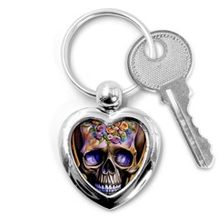 Skull With Flowers - Day Of The Dead Key Chain (heart) by GardenOfOphir