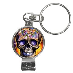 Skull With Flowers - Day Of The Dead Nail Clippers Key Chain by GardenOfOphir