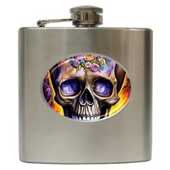 Skull With Flowers - Day Of The Dead Hip Flask (6 Oz) by GardenOfOphir