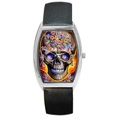 Skull With Flowers - Day Of The Dead Barrel Style Metal Watch by GardenOfOphir