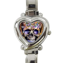 Skull With Flowers - Day Of The Dead Heart Italian Charm Watch by GardenOfOphir