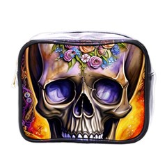 Skull With Flowers - Day Of The Dead Mini Toiletries Bag (one Side) by GardenOfOphir