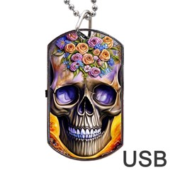 Skull With Flowers - Day Of The Dead Dog Tag Usb Flash (one Side) by GardenOfOphir