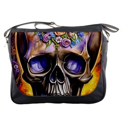 Skull With Flowers - Day Of The Dead Messenger Bag by GardenOfOphir