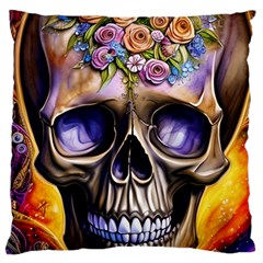 Skull With Flowers - Day Of The Dead Large Cushion Case (two Sides) by GardenOfOphir