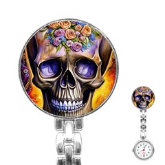 Skull With Flowers - Day Of The Dead Stainless Steel Nurses Watch by GardenOfOphir