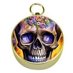 Skull With Flowers - Day Of The Dead Gold Compasses by GardenOfOphir