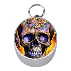 Skull With Flowers - Day Of The Dead Mini Silver Compasses by GardenOfOphir