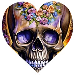 Skull With Flowers - Day Of The Dead Wooden Puzzle Heart by GardenOfOphir