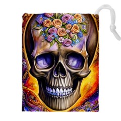 Skull With Flowers - Day Of The Dead Drawstring Pouch (4xl) by GardenOfOphir