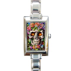 Gothic Skull With Flowers - Cute And Creepy Rectangle Italian Charm Watch by GardenOfOphir