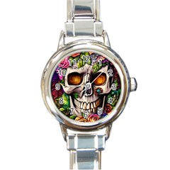 Gothic Skull With Flowers - Cute And Creepy Round Italian Charm Watch by GardenOfOphir