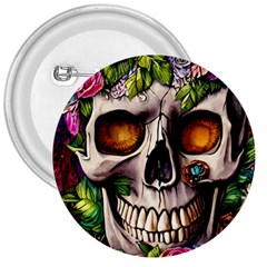 Gothic Skull With Flowers - Cute And Creepy 3  Buttons by GardenOfOphir