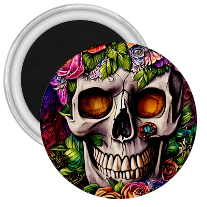 Gothic Skull With Flowers - Cute And Creepy 3  Magnets