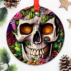 Gothic Skull With Flowers - Cute And Creepy Ornament (round) by GardenOfOphir