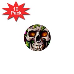 Gothic Skull With Flowers - Cute And Creepy 1  Mini Buttons (10 Pack)  by GardenOfOphir