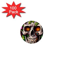 Gothic Skull With Flowers - Cute And Creepy 1  Mini Magnets (100 Pack)  by GardenOfOphir