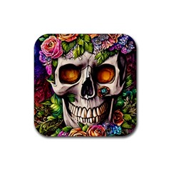 Gothic Skull With Flowers - Cute And Creepy Rubber Coaster (square) by GardenOfOphir