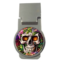 Gothic Skull With Flowers - Cute And Creepy Money Clips (round)  by GardenOfOphir