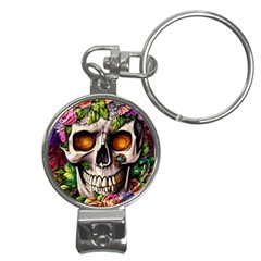 Gothic Skull With Flowers - Cute And Creepy Nail Clippers Key Chain by GardenOfOphir